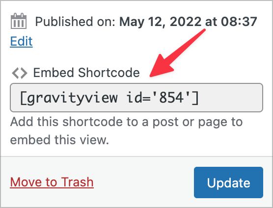 The GravityView embed shortcode displayed on the View editor page