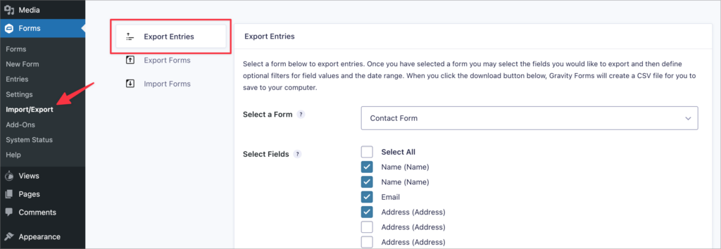 The 'Import/Export' link under 'Forms' in the WordPress sidebar
