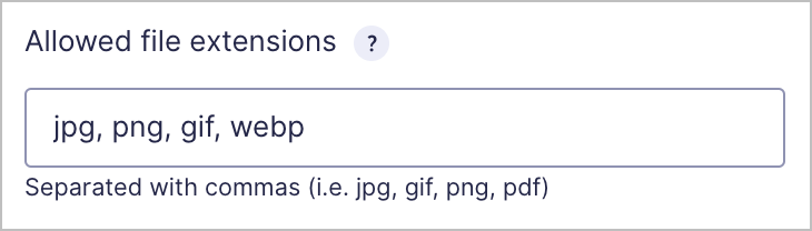 Allowed file extensions showing jpg, png, gif and webp