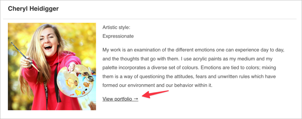 An artist profile with an arrow pointing to the 'View portfolio' link