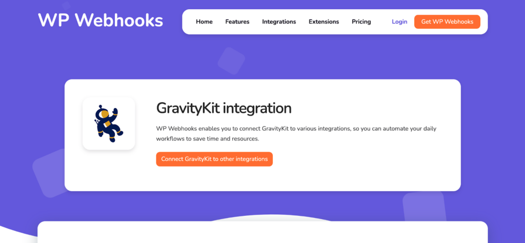 The GravityKit integration page on the WP Webhooks website