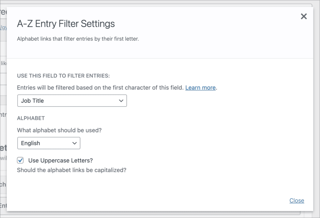 The A-Z Filters widget settings