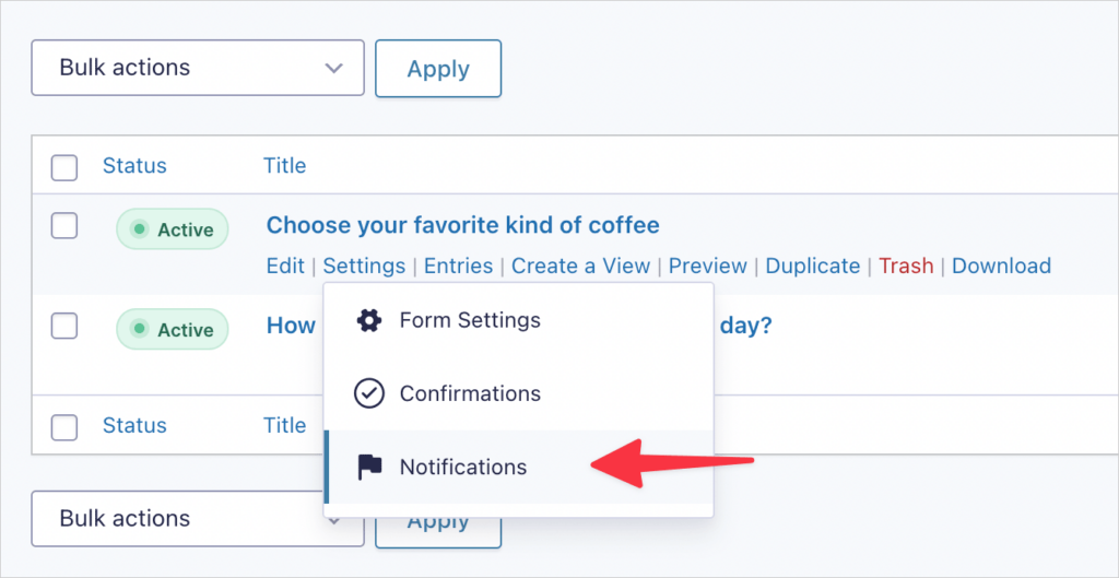 An arrow pointing to the "Notifications" option under "Settings" for a form in Gravity Forms