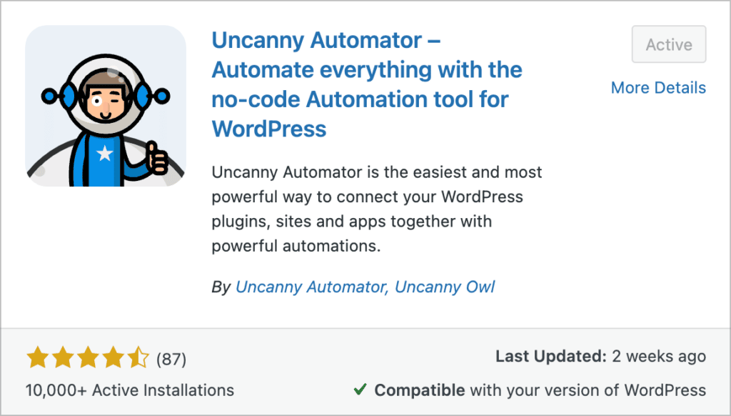 The Uncanny Automator plugin preview in WordPress