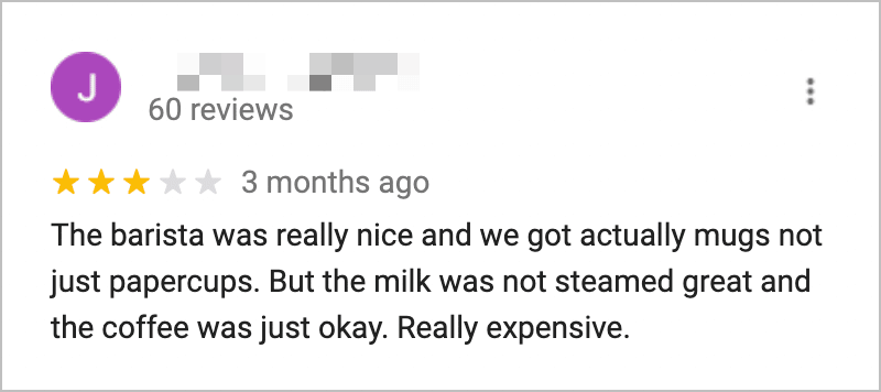 A 3-star review of a coffee shop on Google