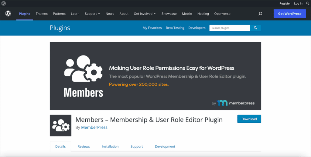 The Members plugin page on the WordPress plugin directory