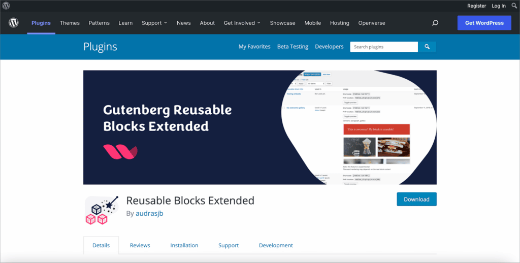 The Gutenberg Reusable Blocks Extended plugin page