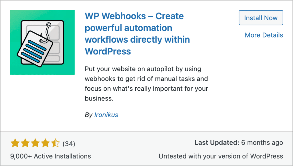 The WP Webhooks plugin preview in WordPress