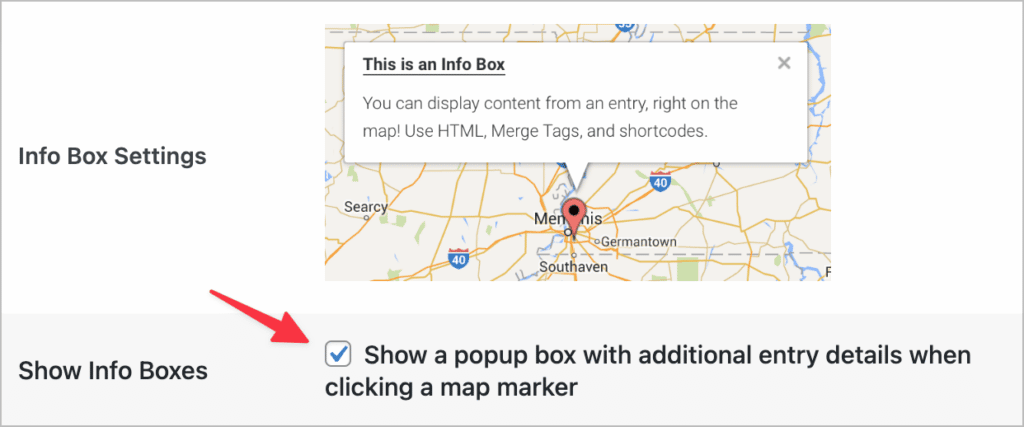 A checkbox in the View settings labeled 'Show a popup box with additional entry details when clicking a map marker'