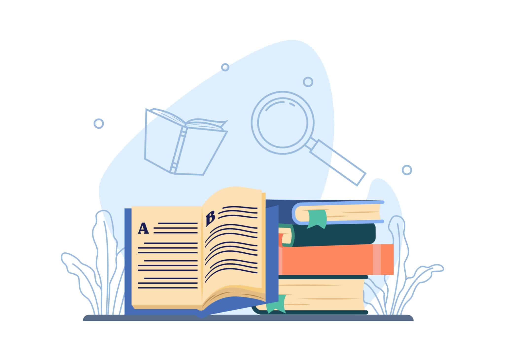 A vector graphic showing an open book next to a pile of closed books
