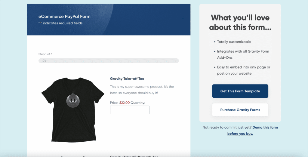 The Gravity Forms PayPal eCommerce form template on their template library
