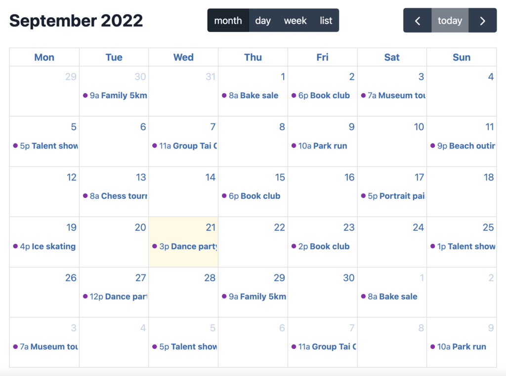 A calendar showing upcoming events built using the GravityCalendar plugin