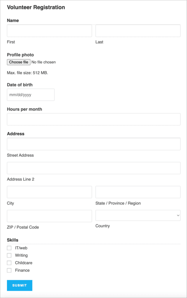 A volunteer registration form built using Gravity Forms as part of a WordPress volunteer management system