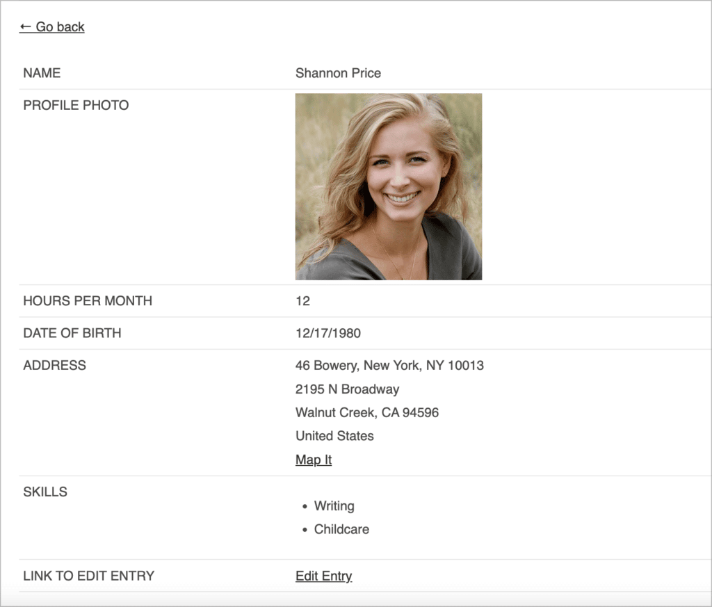 A volunteer profile built using GravityView, as part of a WordPress volunteer management system