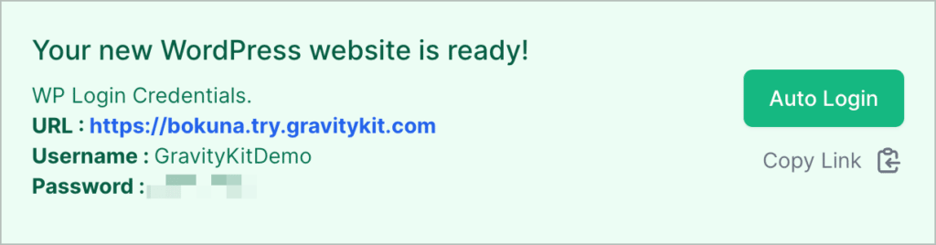 A success message that says 'Your new WordPress website is ready' with login credentials below