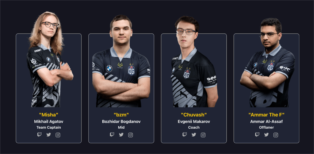 The finished eSports team page built with GravityView showcasing players from OG's Dota 2 team