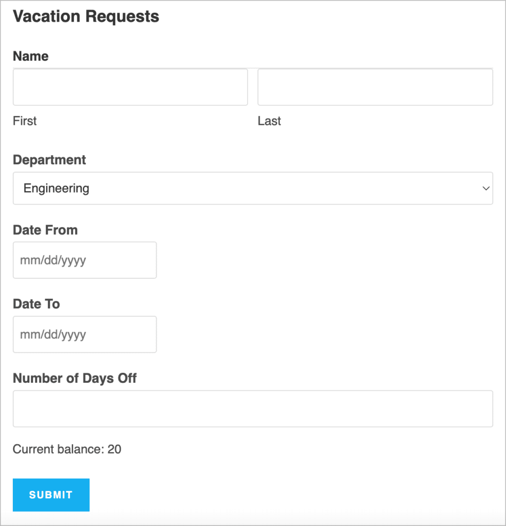 A vacation request form built using Gravity Forms
