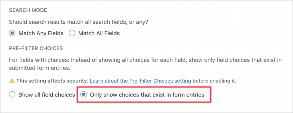The new "Pre-filter choices" option for the GravityView Search Bar widget