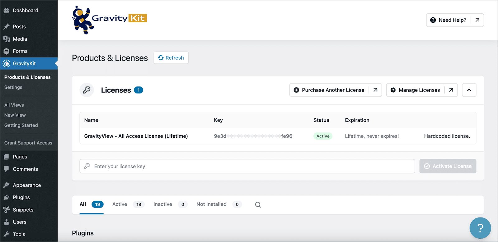The new "Products & Licenses" screen in WordPress for managing GravityKit products and licenses