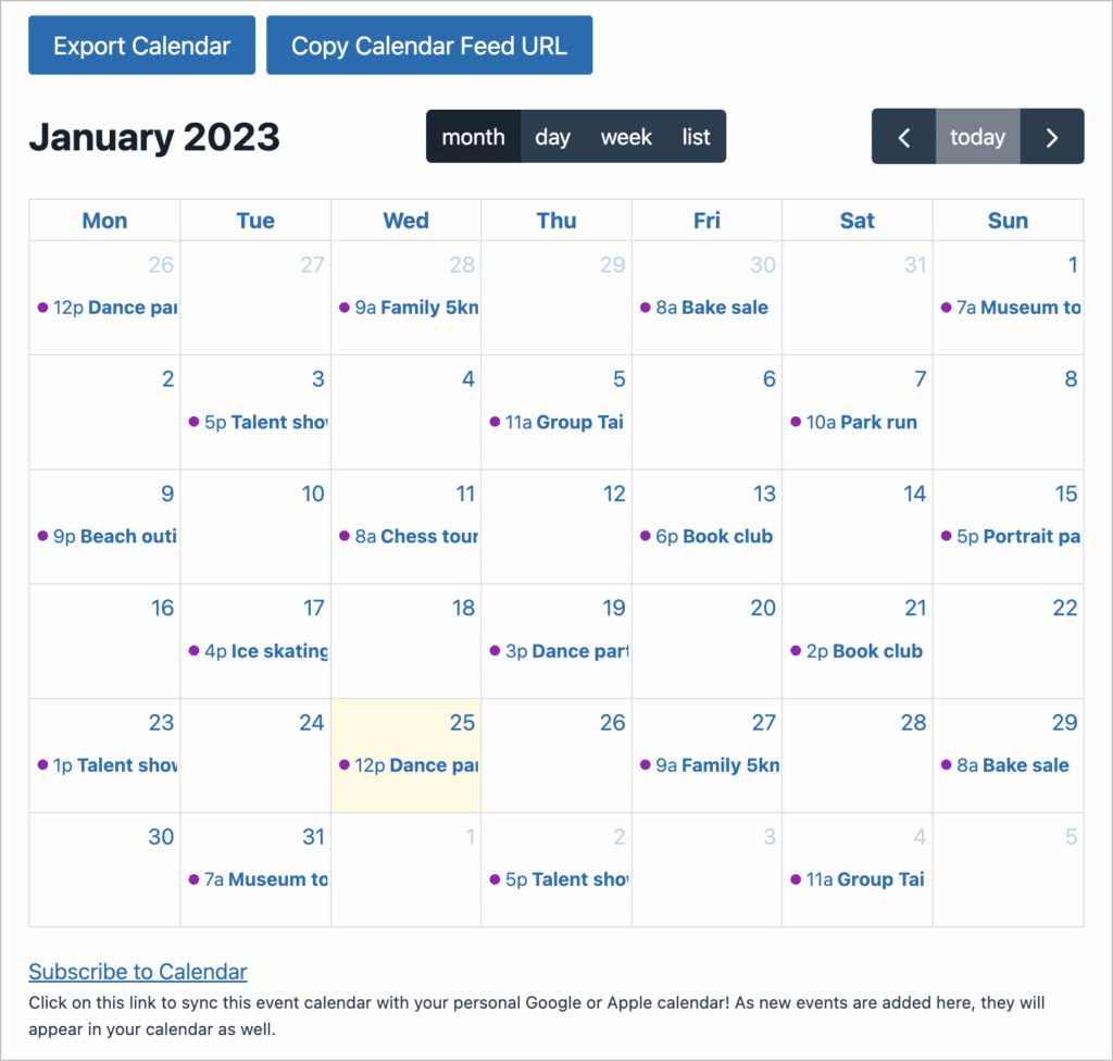 A calendar displaying Gravity Forms entries