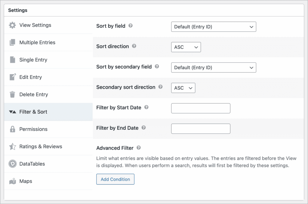 The GravityView 'Filter & Sort' settings