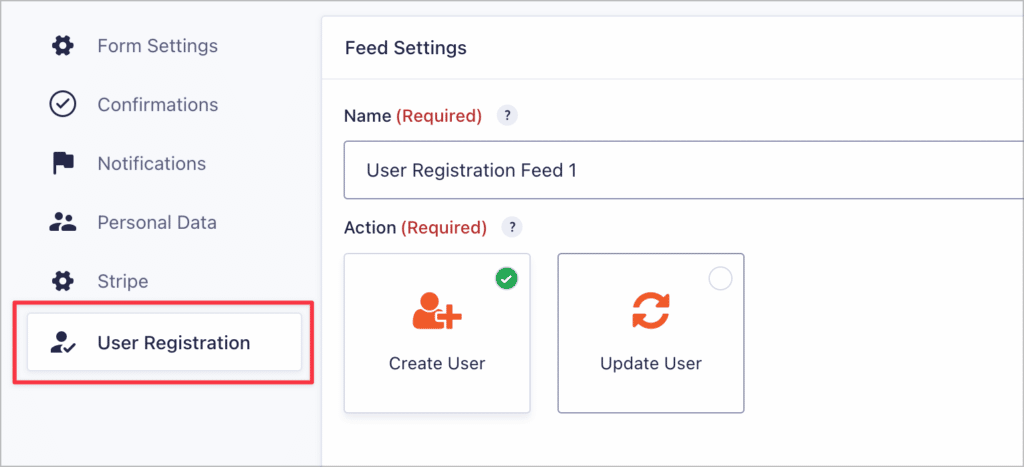 The User Registration feed in Gravity Forms