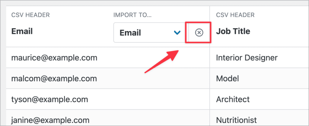 The 'x' icon allowing you to remove a field from the import