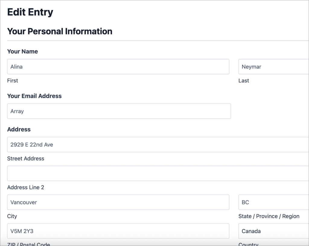 The GravityView Edit Entry Layout, allowing users to edit their form submission from the front end