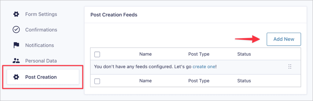 The 'Add New' button on the Gravity Forms Post Creation feed page