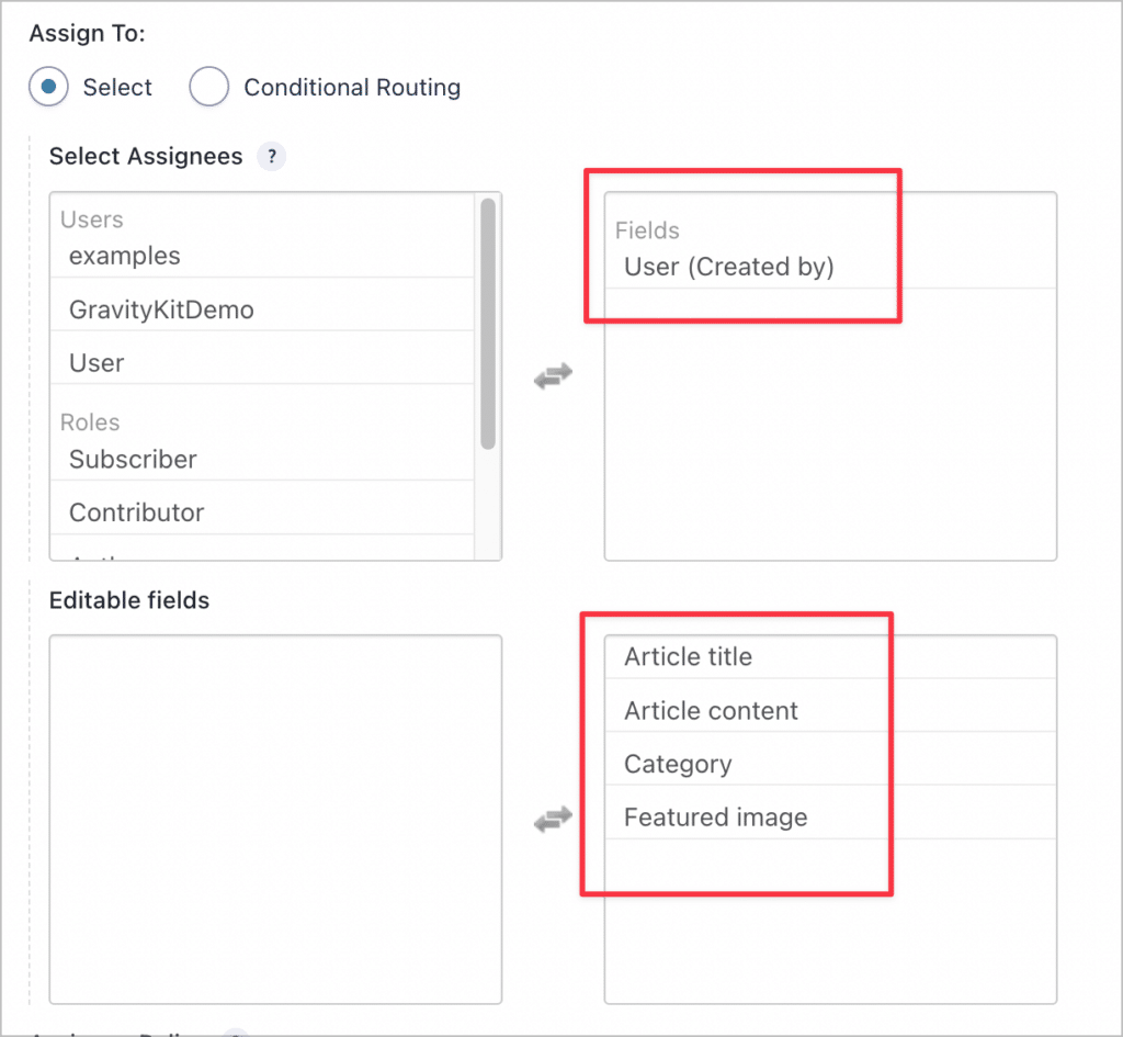 Setting the assignee and the editable fields for the workflow step