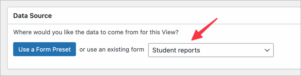 The drop down field for selecting a data source for a newly created View