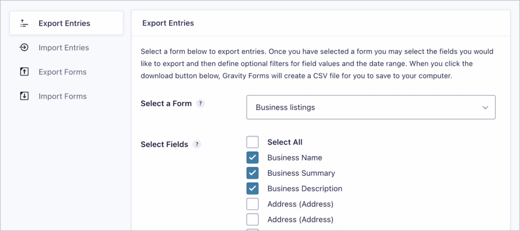 The 'Export Entries' page in Gravity Forms