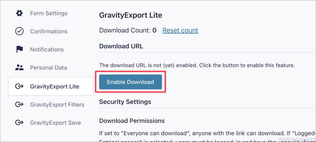 The 'Enable Download' button on the 'GravityExport Lite' feed page