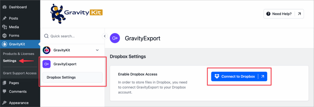 A button titled 'Connect to Dropbox' on the GravityExport Settings page