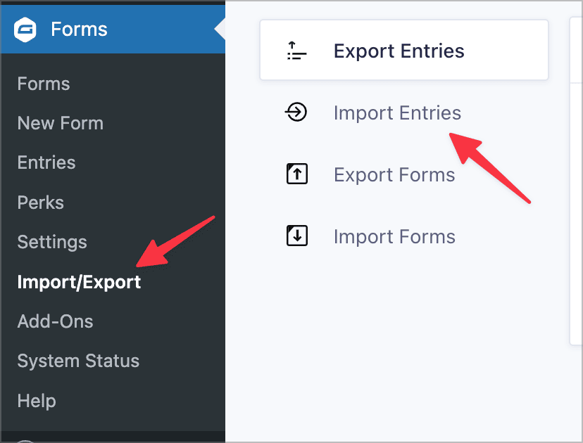 The 'Import/Export' page in Gravity Forms with an arrow pointing to the 'Import Entries' tab