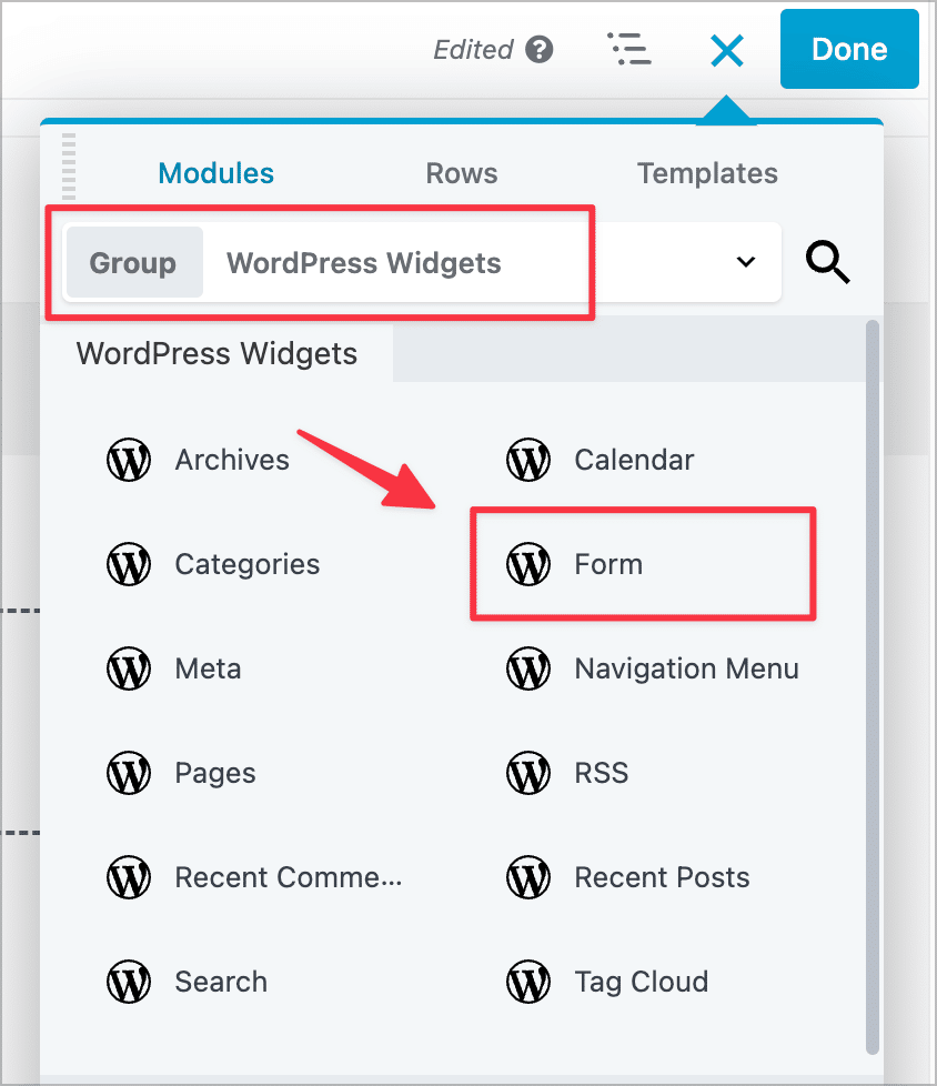 The WordPress 'Form' widget added by Gravity Forms, for embedding forms on pages