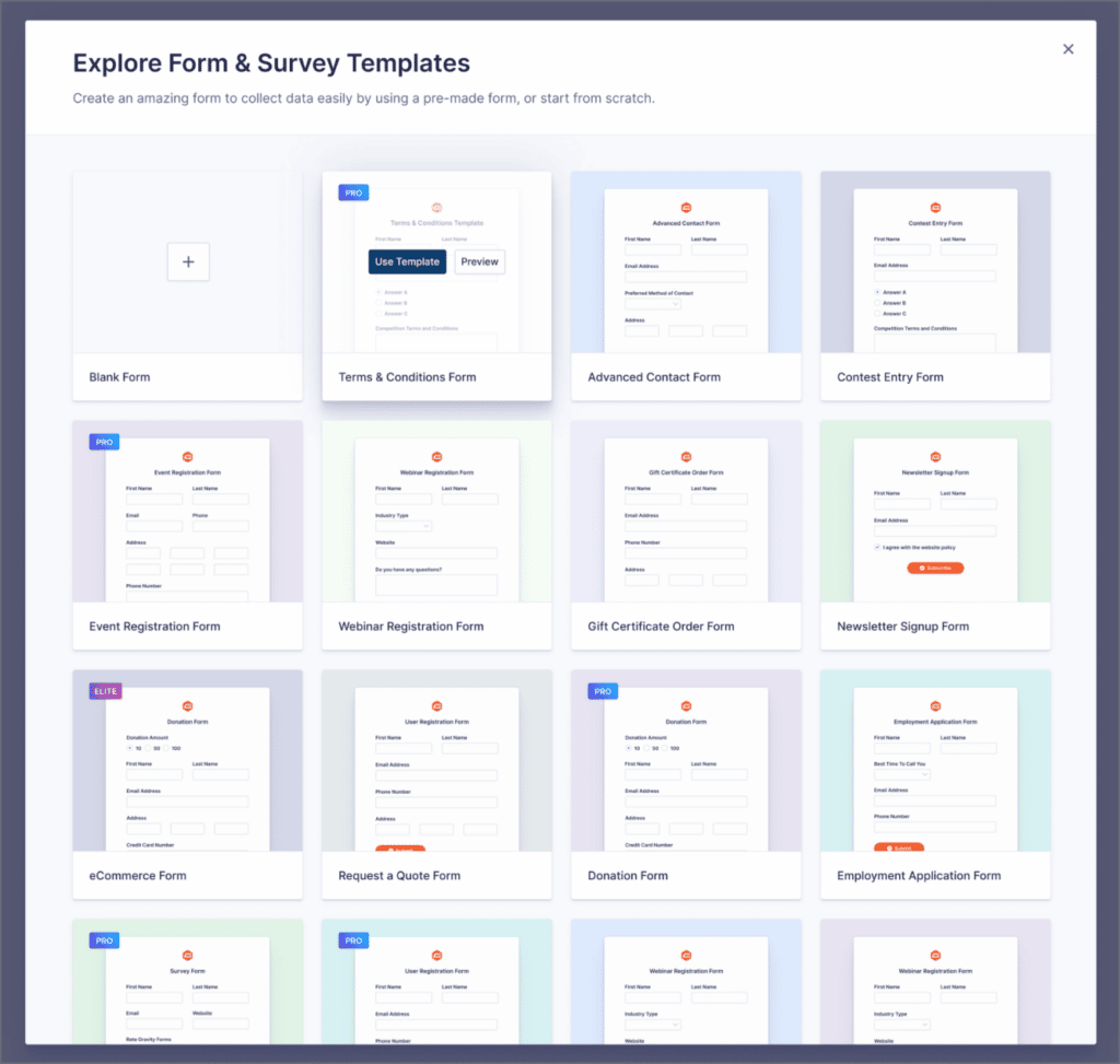 The new Gravity Forms template library, showing 15 different forms that can be selected as starting templates