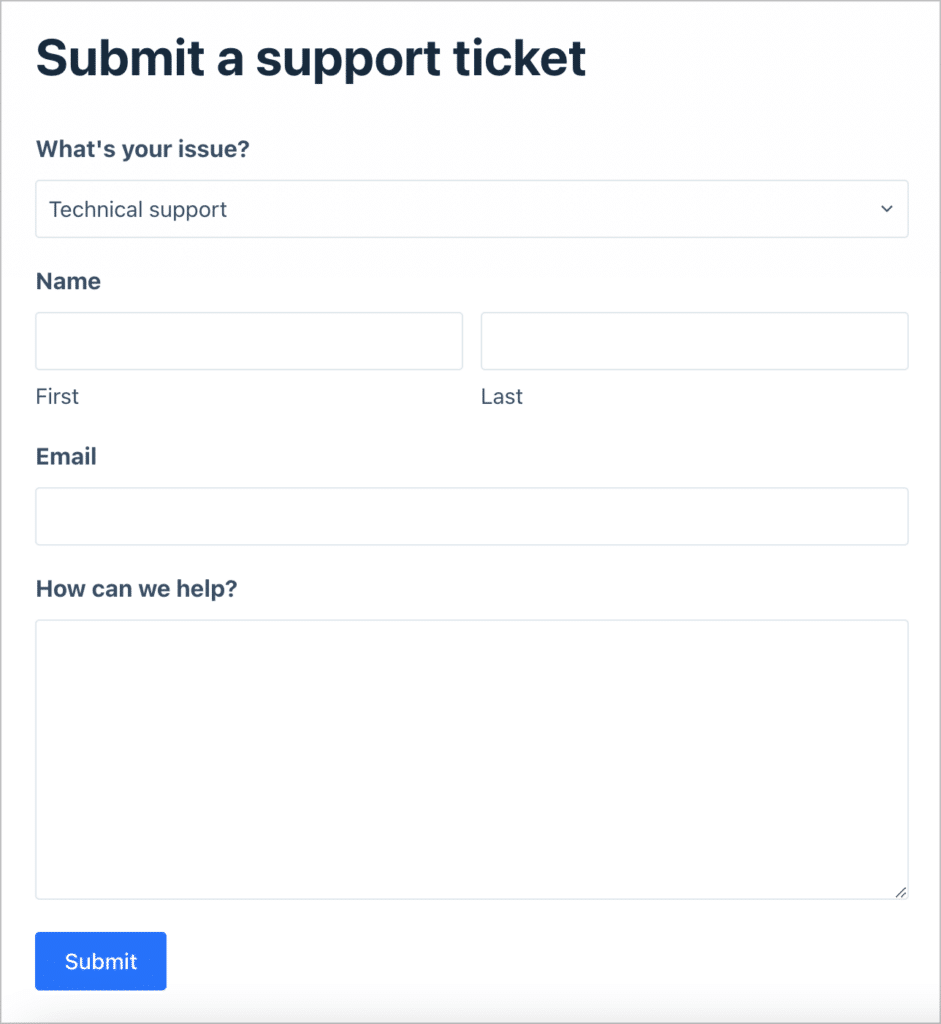 A Gravity Form allowing customers to submit support requests