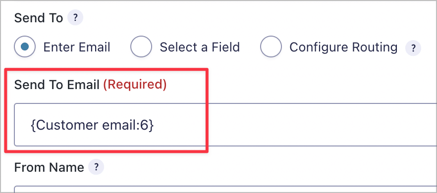The 'Send To' email field in the Gravity Forms notification settings.