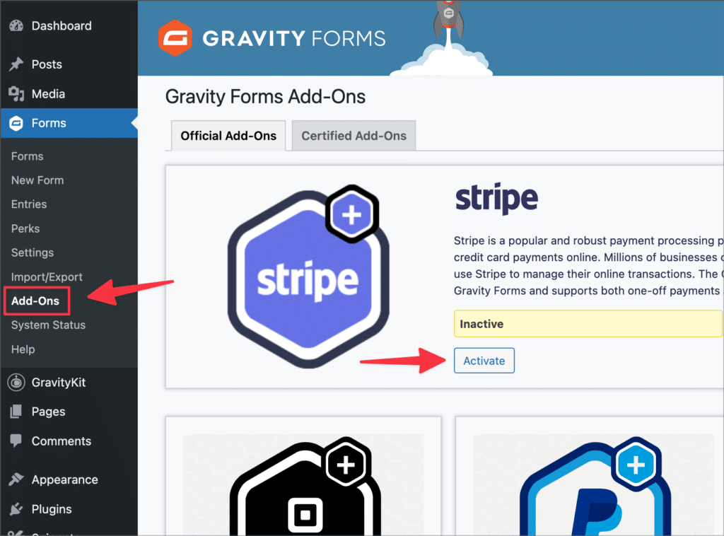 The Stripe add-on showing on the Gravity Forms 'Add-Ons' page in WordPress