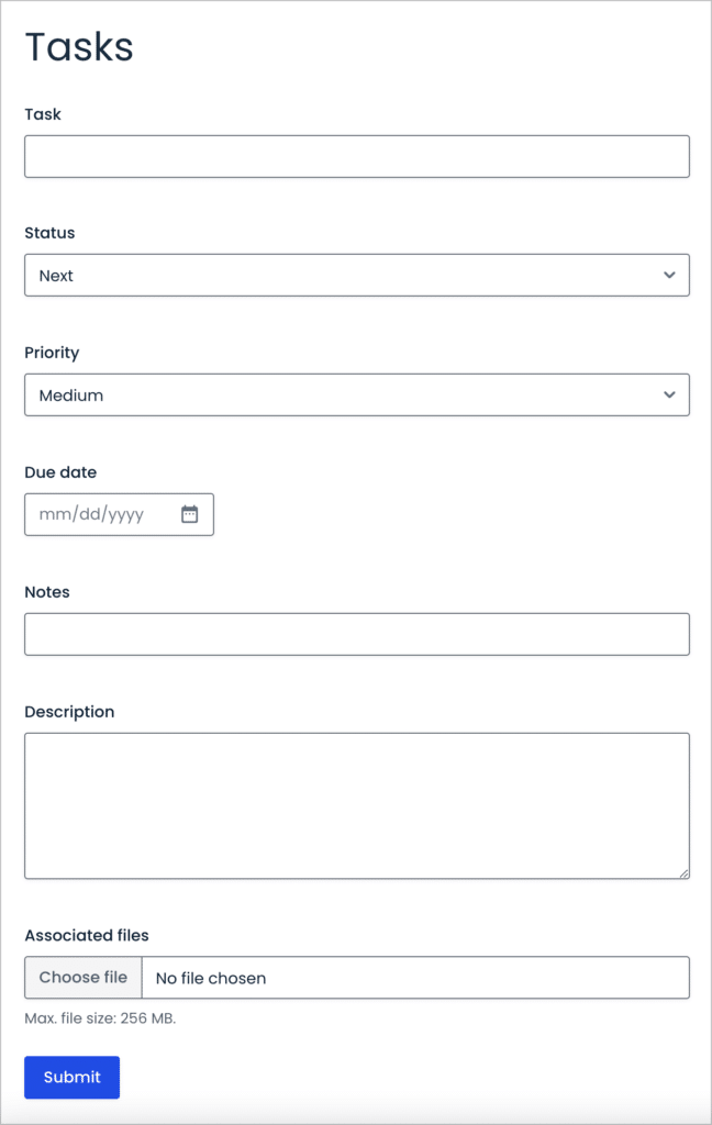 A form built with Gravity Forms for adding new tasks to a Gravity Forms task management system