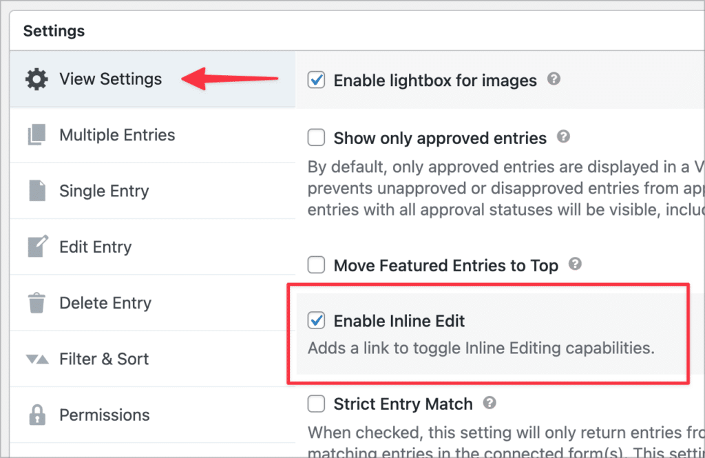 A checkbox labeled 'Enable Inline Edit' in the GravityView View settings