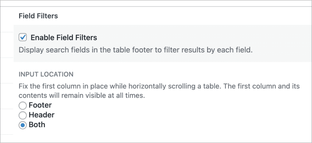 The new option for enabling the 'Field Filters' feature for DataTables