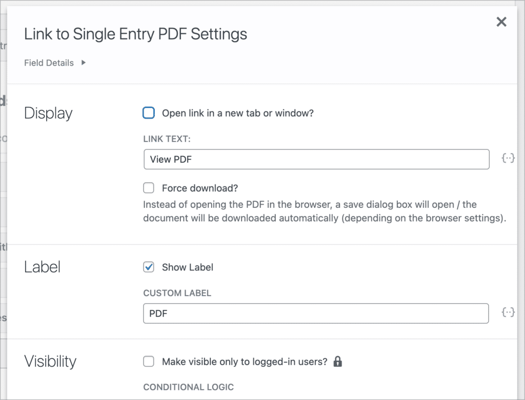 The 'Link to Single Entry PDF' field settings in GravityView