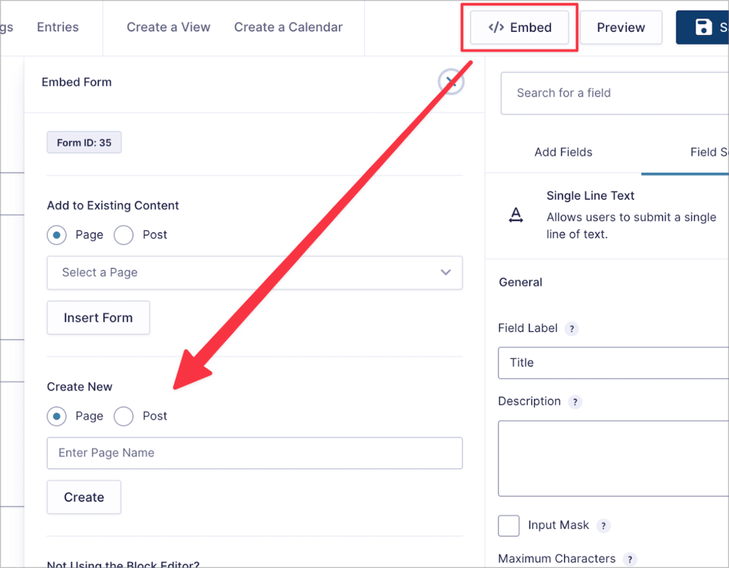 The 'Embed' menu in Gravity Forms, allowing you to embed a form on a new page or post from within the form editor