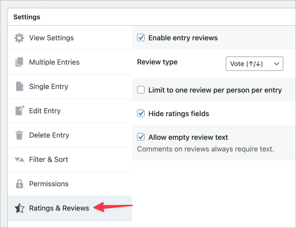 The 'Ratings & Reviews' settings in the GravityView View settings