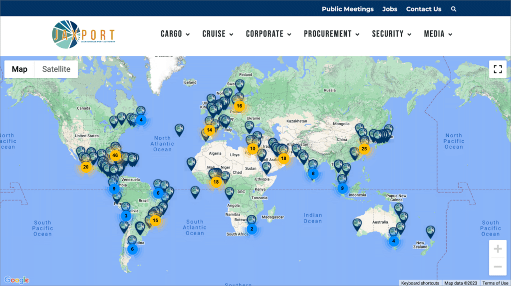 A world map showing markers at each location that JAXPORT offers ship services—powered by GravityView's maps layout