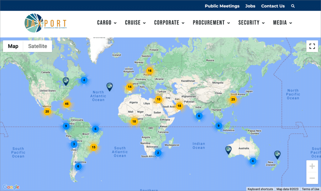 A world map showing markers at each location that JAXPORT offers ship services—powered by GravityView's maps layout