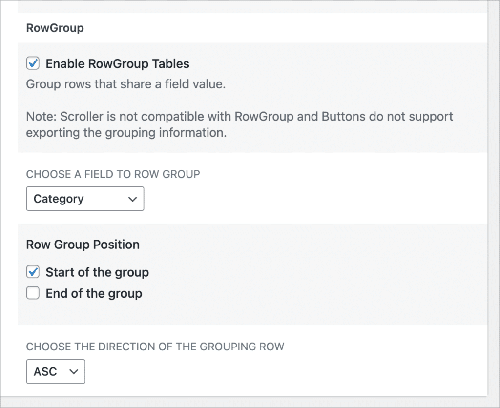 The new "RowGroup" setting for GravityView DataTables