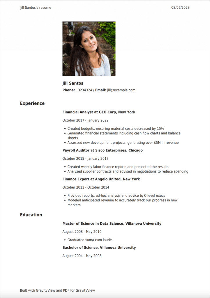 An example PDF resume built using PDF for GravityView